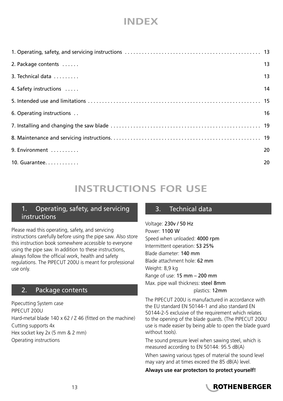 Index instructions for use | ROTHENBERGER PIPECUT 200 U User Manual | Page 13 / 68