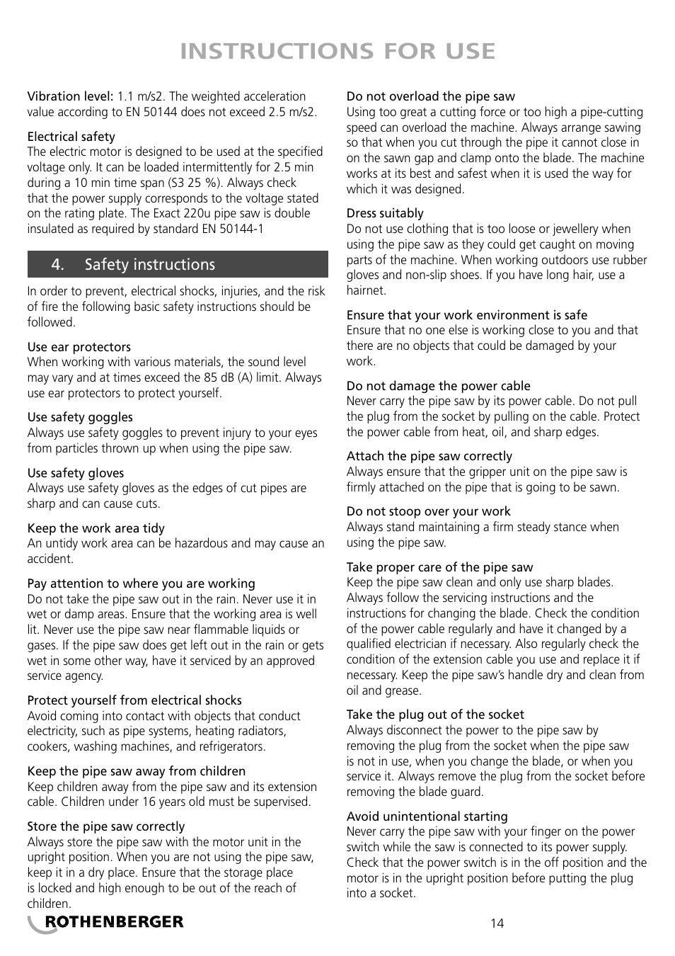 Instructions for use | ROTHENBERGER PIPECUT 200 U User Manual | Page 14 / 68