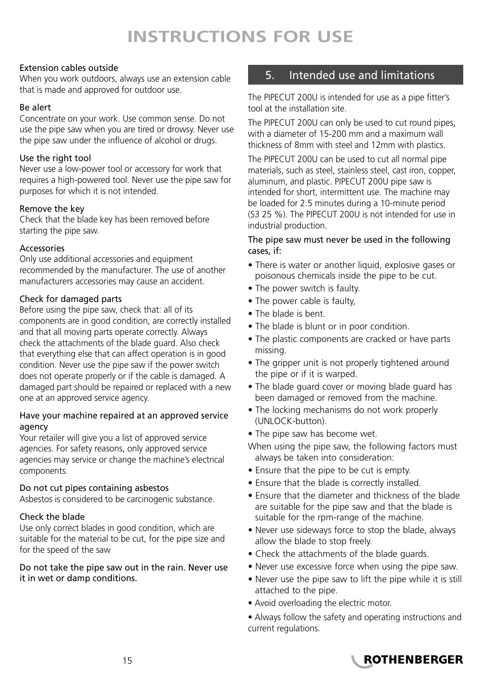 Instructions for use | ROTHENBERGER PIPECUT 200 U User Manual | Page 15 / 68