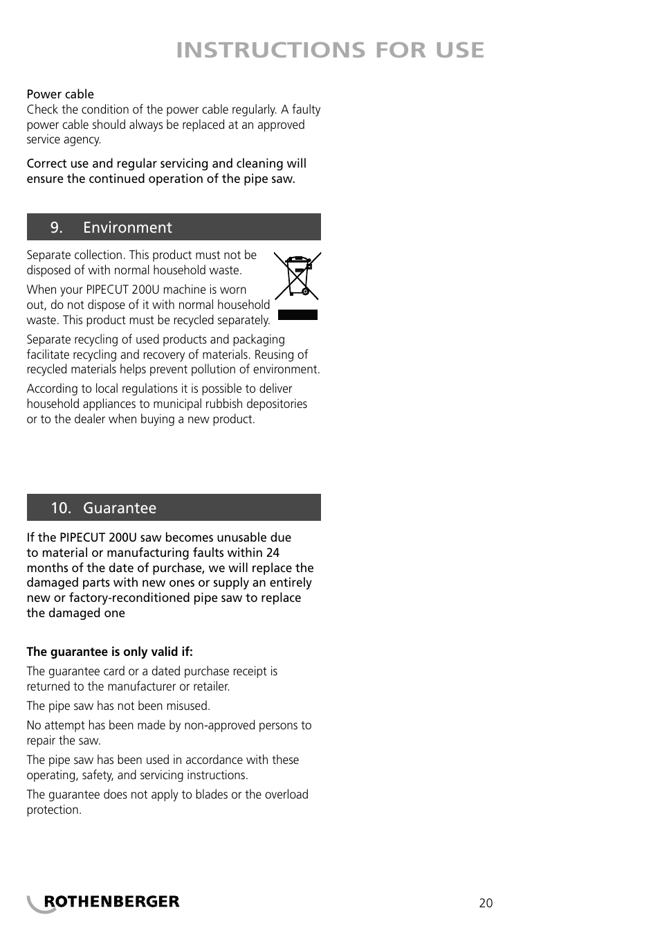 Instructions for use | ROTHENBERGER PIPECUT 200 U User Manual | Page 20 / 68