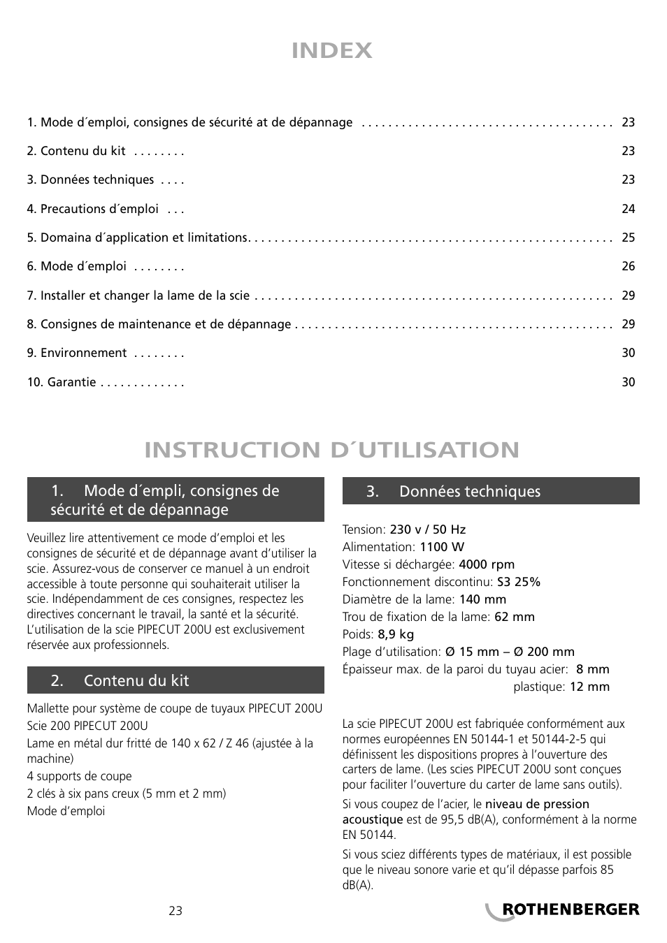 Index instruction d´utilisation | ROTHENBERGER PIPECUT 200 U User Manual | Page 23 / 68