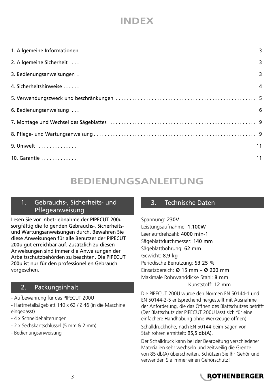 Index bedienungsanleitung | ROTHENBERGER PIPECUT 200 U User Manual | Page 3 / 68