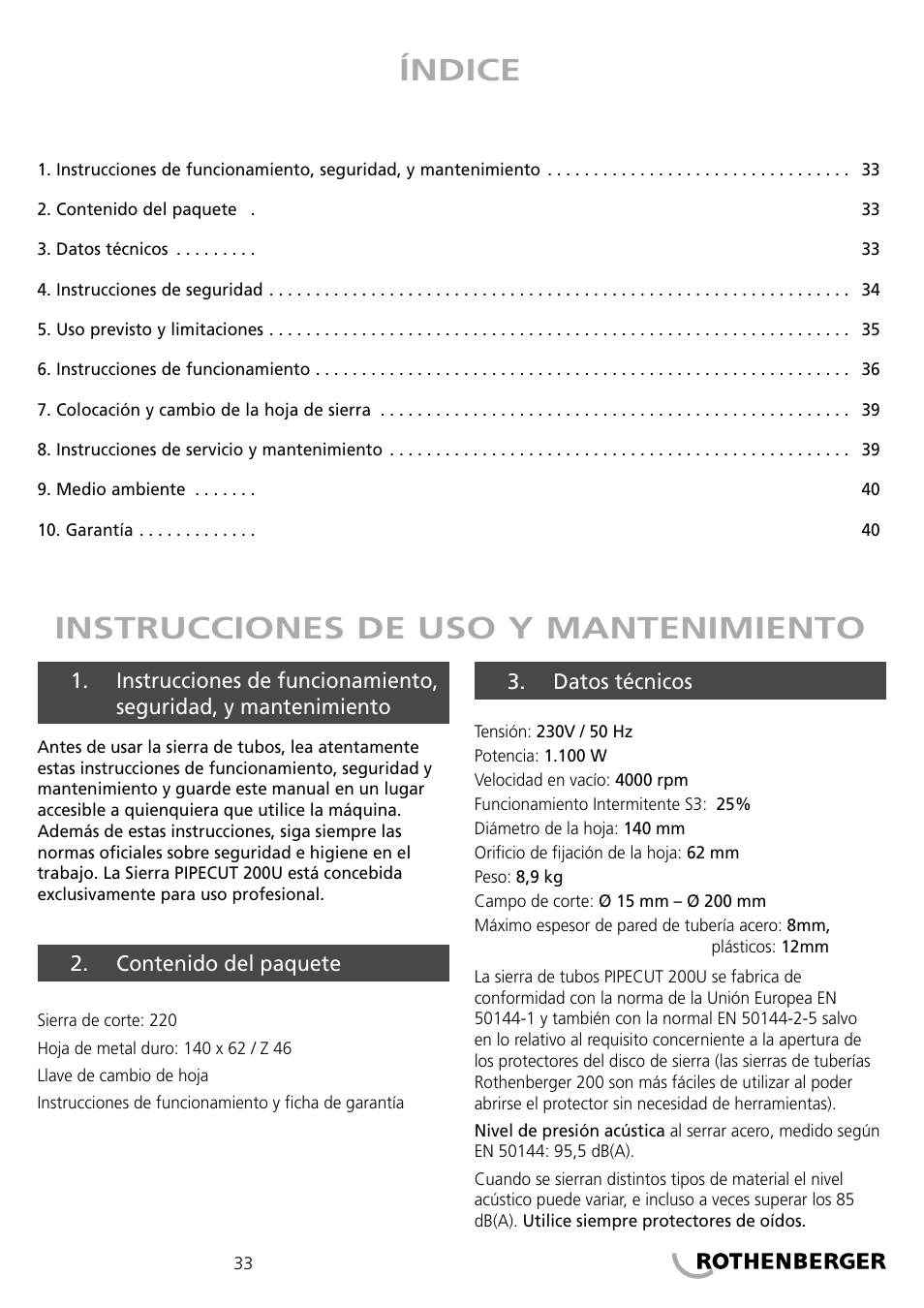 Índice instrucciones de uso y mantenimiento | ROTHENBERGER PIPECUT 200 U User Manual | Page 33 / 68