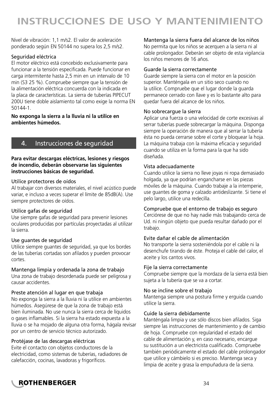 Instrucciones de uso y mantenimiento | ROTHENBERGER PIPECUT 200 U User Manual | Page 34 / 68