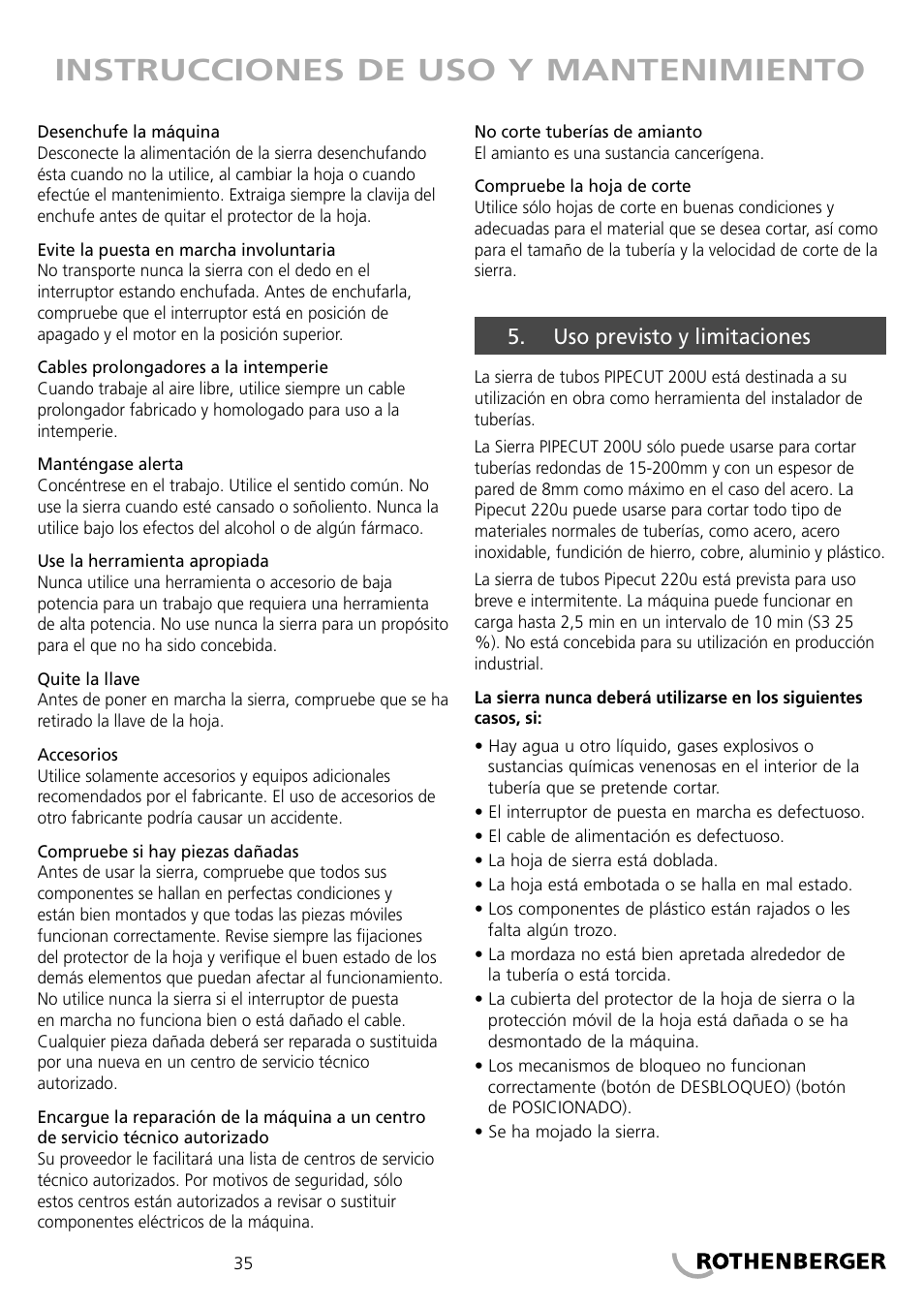 Instrucciones de uso y mantenimiento | ROTHENBERGER PIPECUT 200 U User Manual | Page 35 / 68