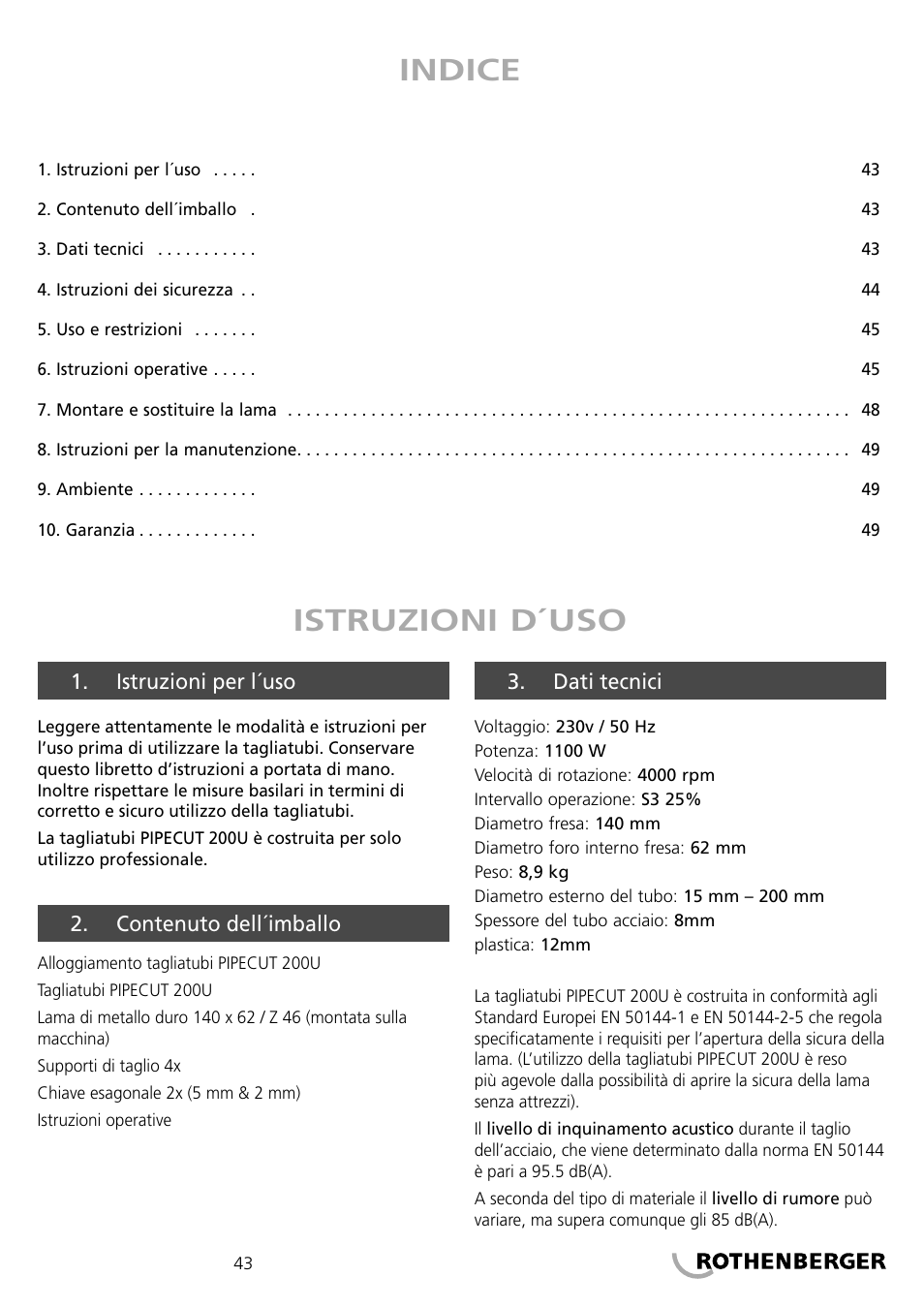 Indice istruzioni d´uso | ROTHENBERGER PIPECUT 200 U User Manual | Page 43 / 68