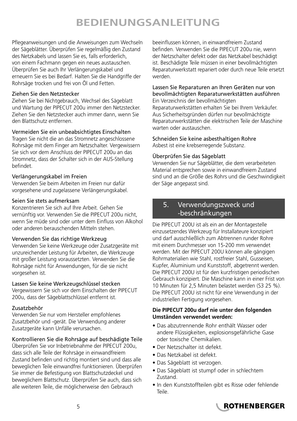 Bedienungsanleitung | ROTHENBERGER PIPECUT 200 U User Manual | Page 5 / 68