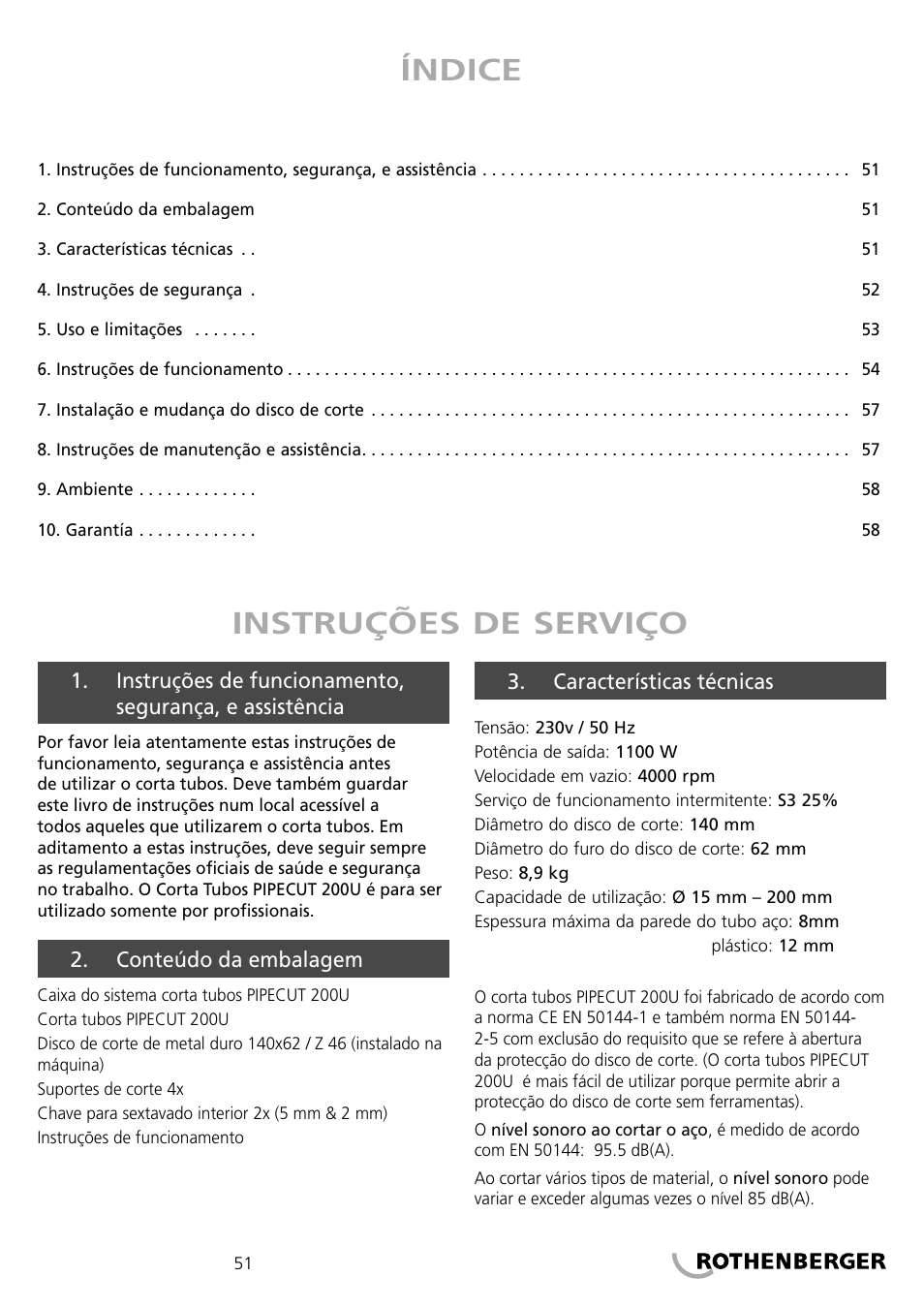 Índice, Instruções de serviço | ROTHENBERGER PIPECUT 200 U User Manual | Page 51 / 68