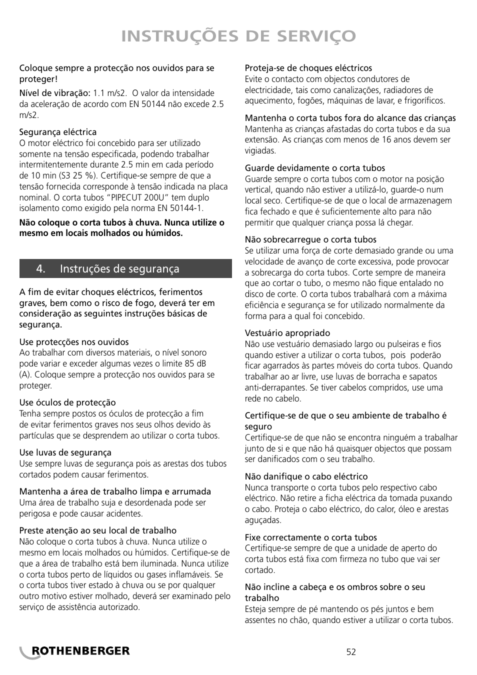 Instruções de serviço | ROTHENBERGER PIPECUT 200 U User Manual | Page 52 / 68