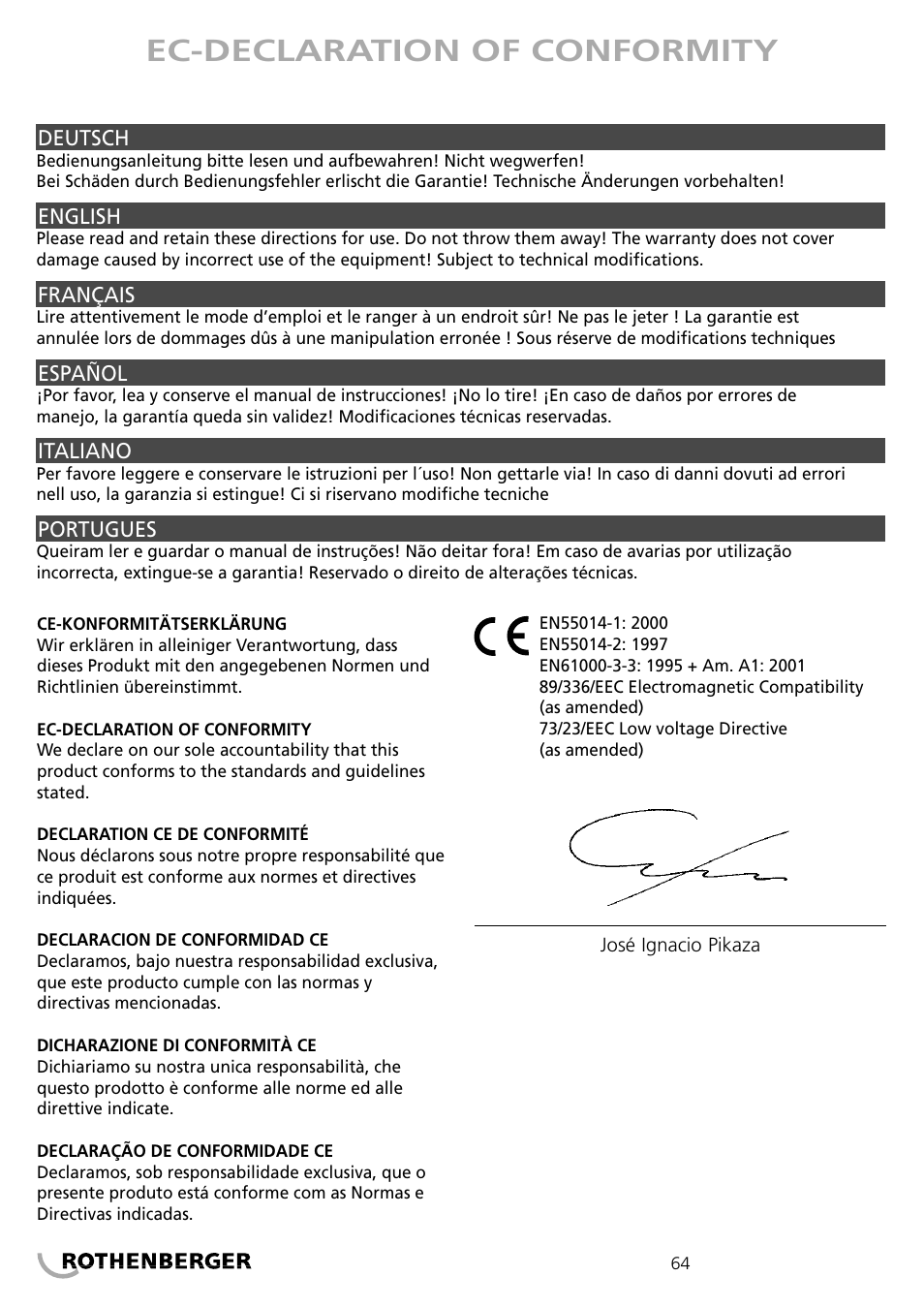 Ec-declaration of conformity | ROTHENBERGER PIPECUT 200 U User Manual | Page 64 / 68