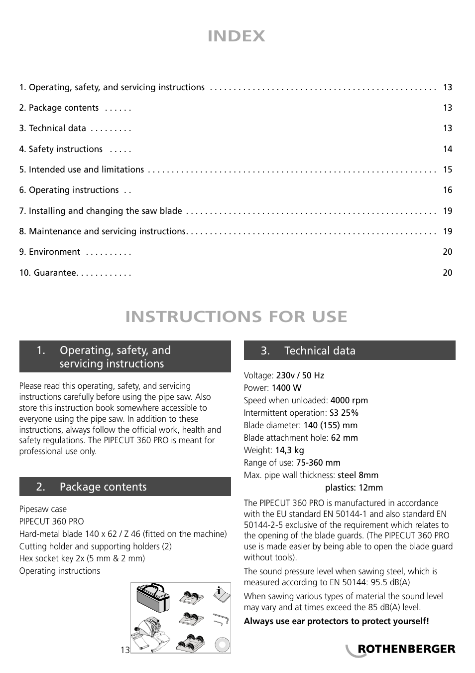 Index instructions for use | ROTHENBERGER PIPECUT 360 PRO User Manual | Page 13 / 68