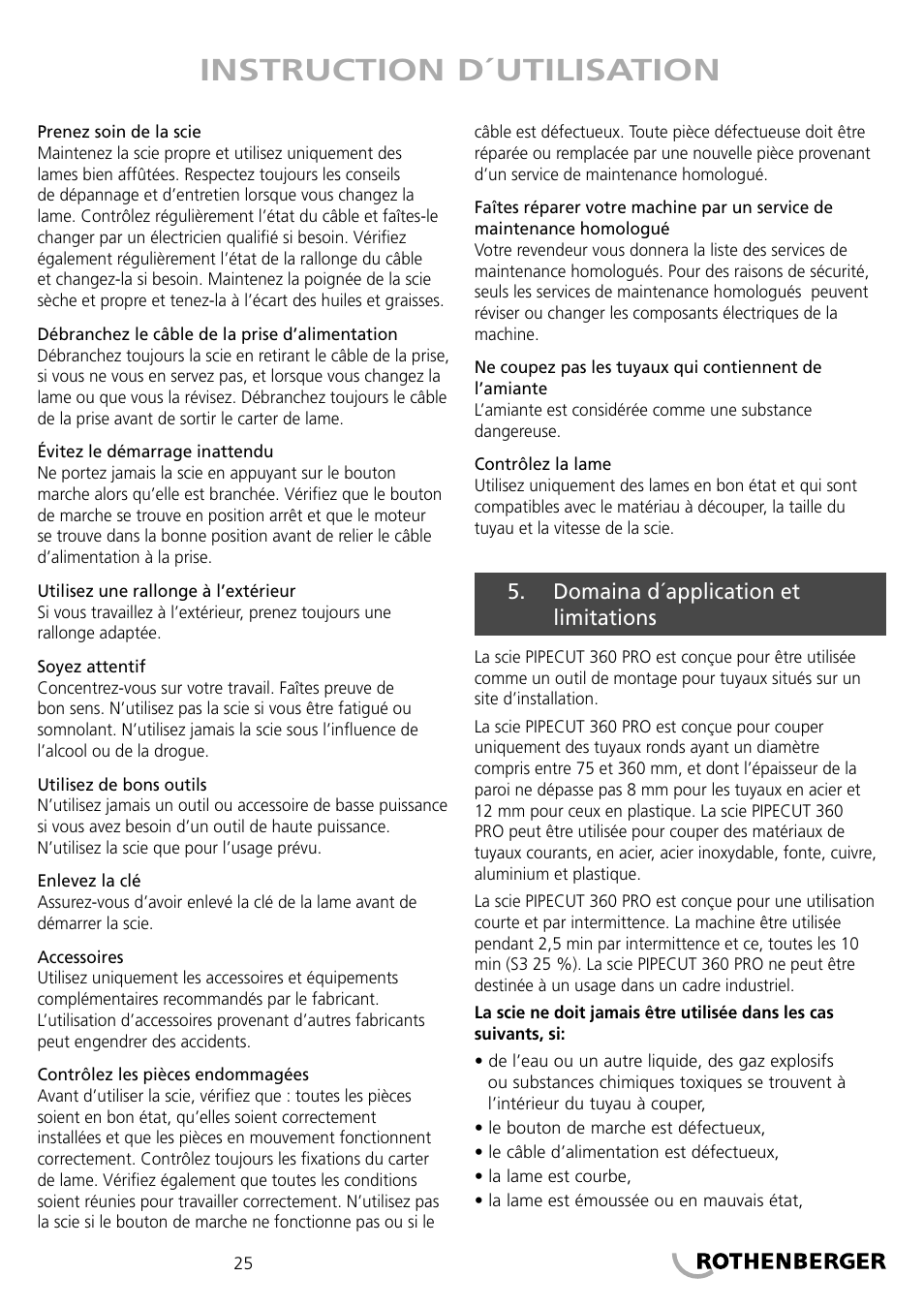 Instruction d´utilisation | ROTHENBERGER PIPECUT 360 PRO User Manual | Page 25 / 68