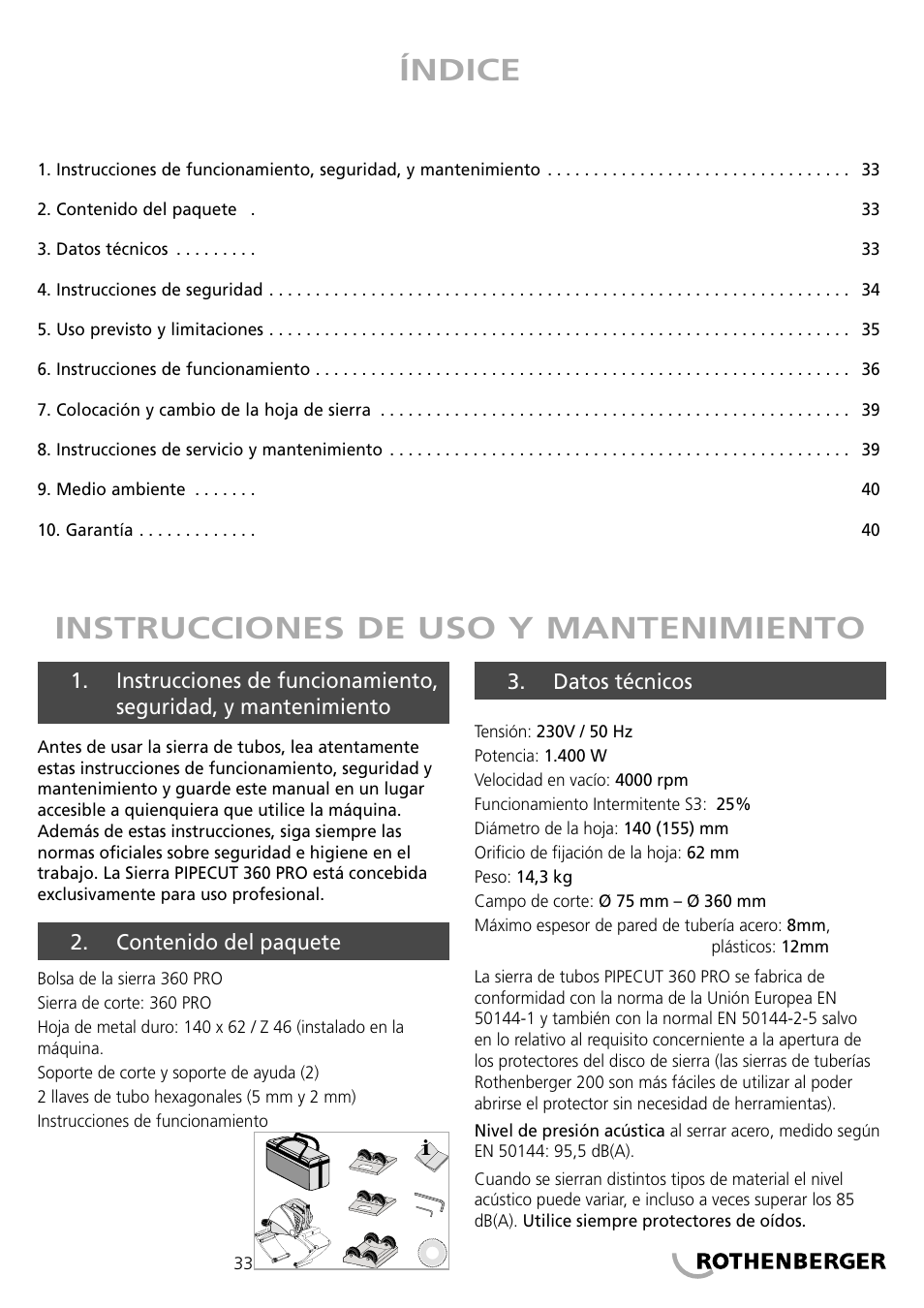 Índice instrucciones de uso y mantenimiento | ROTHENBERGER PIPECUT 360 PRO User Manual | Page 33 / 68