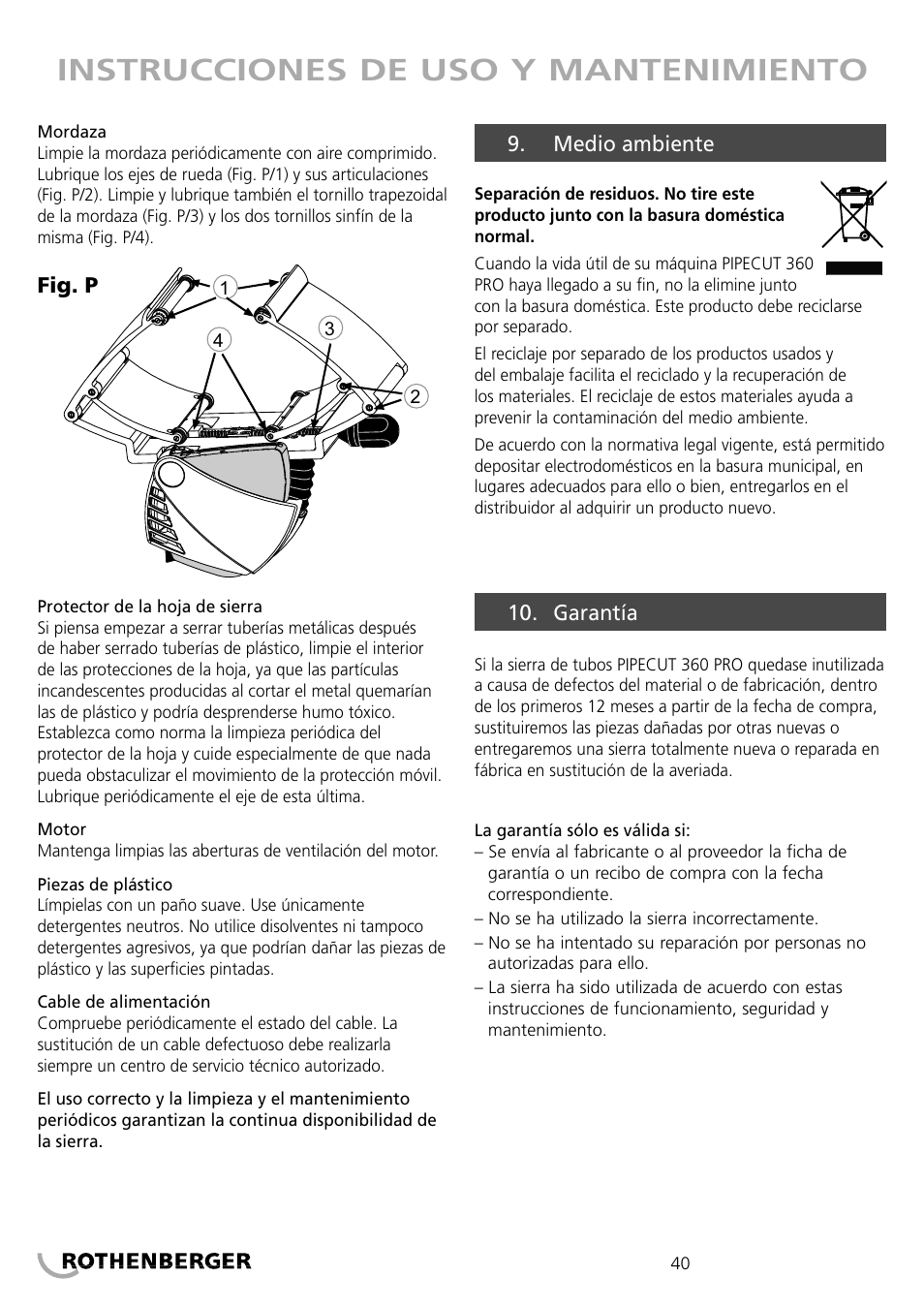 Instrucciones de uso y mantenimiento | ROTHENBERGER PIPECUT 360 PRO User Manual | Page 40 / 68