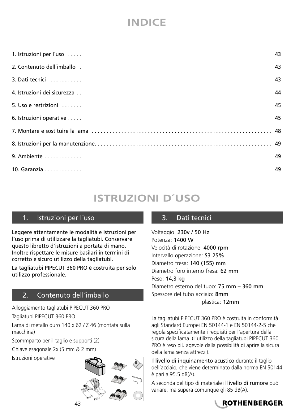 Indice istruzioni d´uso | ROTHENBERGER PIPECUT 360 PRO User Manual | Page 43 / 68