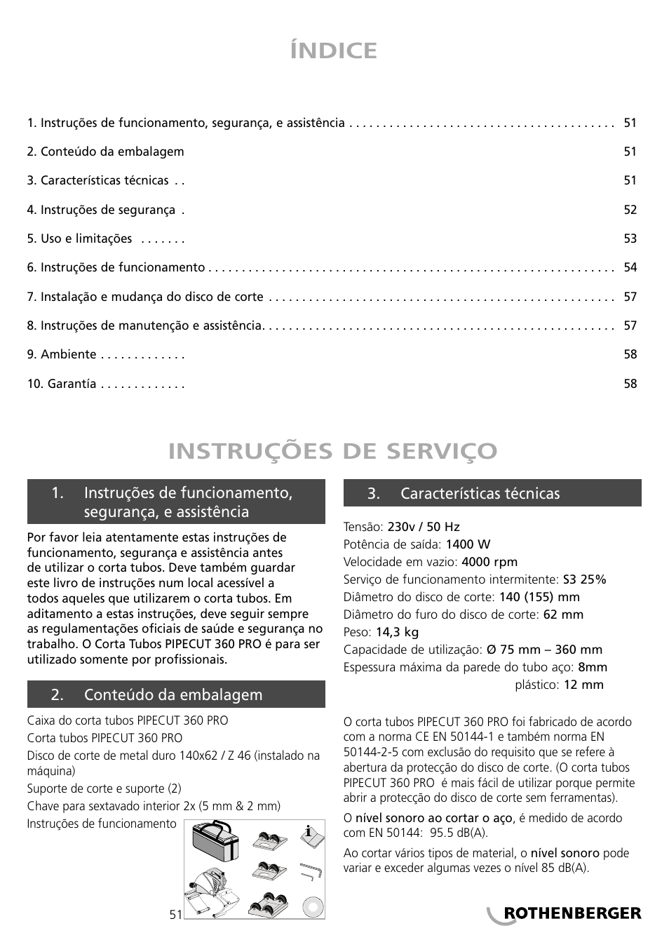 Índice, Instruções de serviço | ROTHENBERGER PIPECUT 360 PRO User Manual | Page 51 / 68