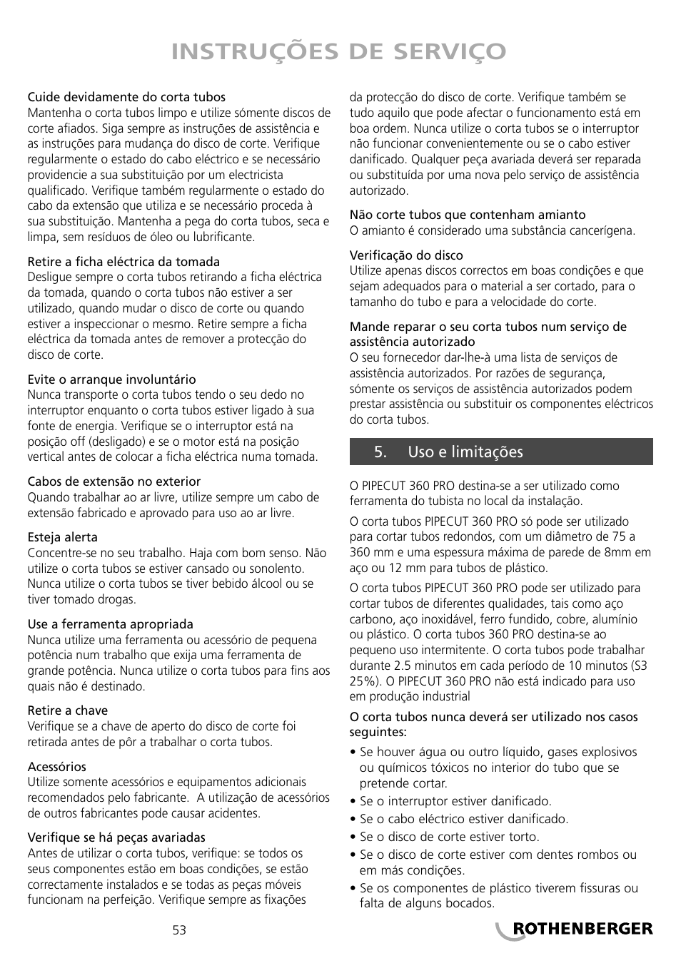 Instruções de serviço | ROTHENBERGER PIPECUT 360 PRO User Manual | Page 53 / 68