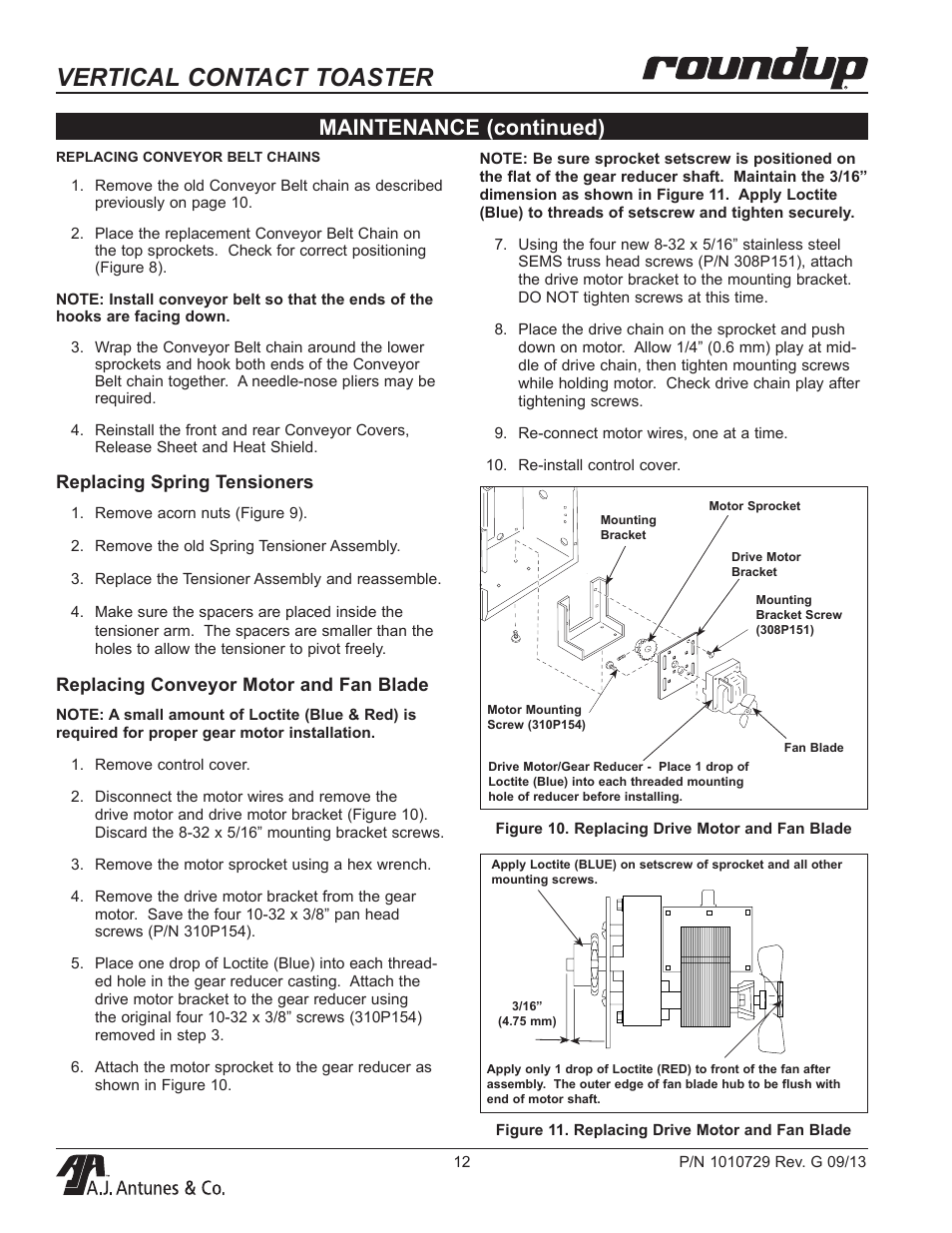 Vertical contact toaster, Maintenance (continued), Replacing spring tensioners | Replacing conveyor motor and fan blade | A.J. Antunes & Co VCT-20 9200560 User Manual | Page 12 / 28