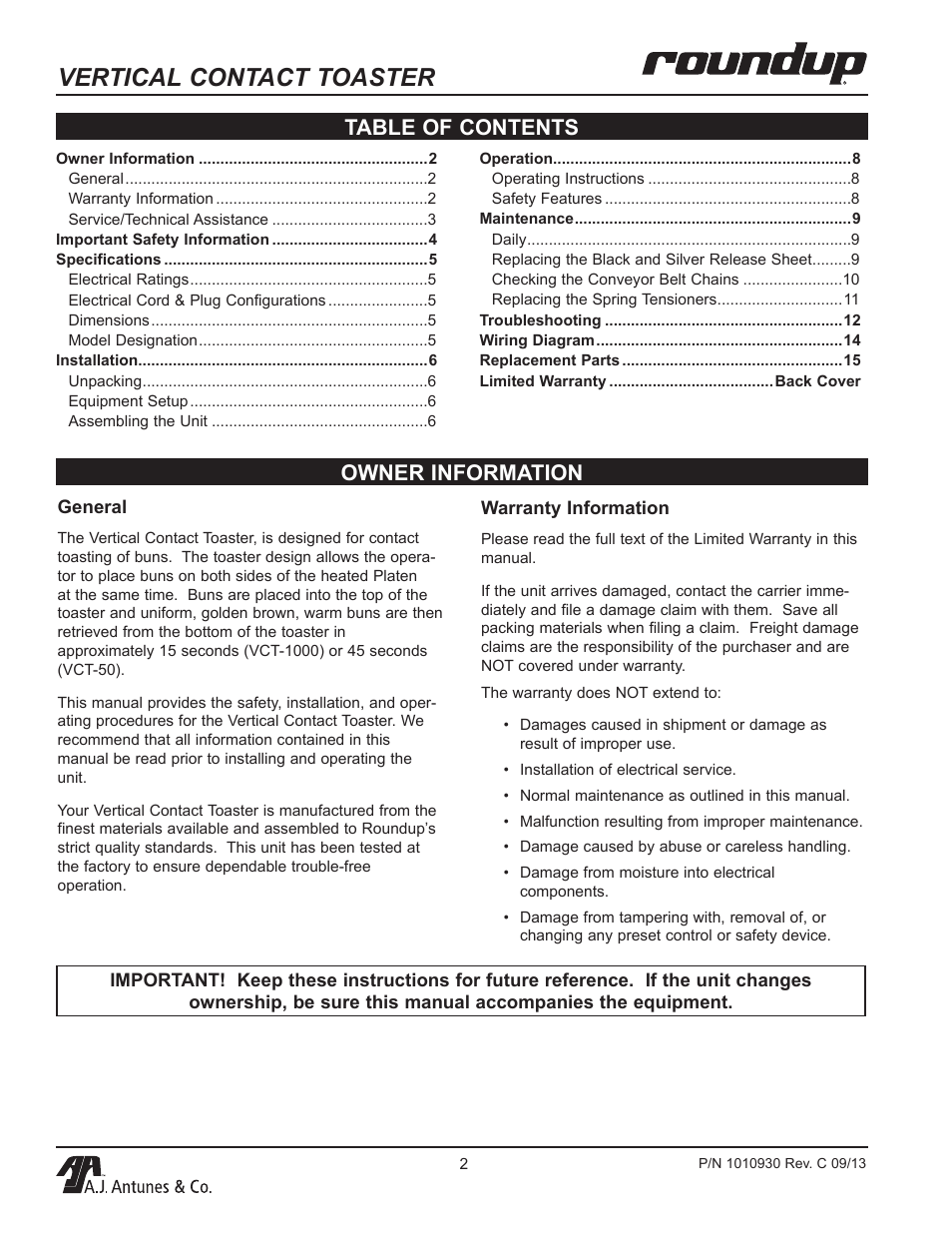 Vertical contact toaster, Owner information table of contents | A.J. Antunes & Co VCT-1000 9210719 User Manual | Page 2 / 20