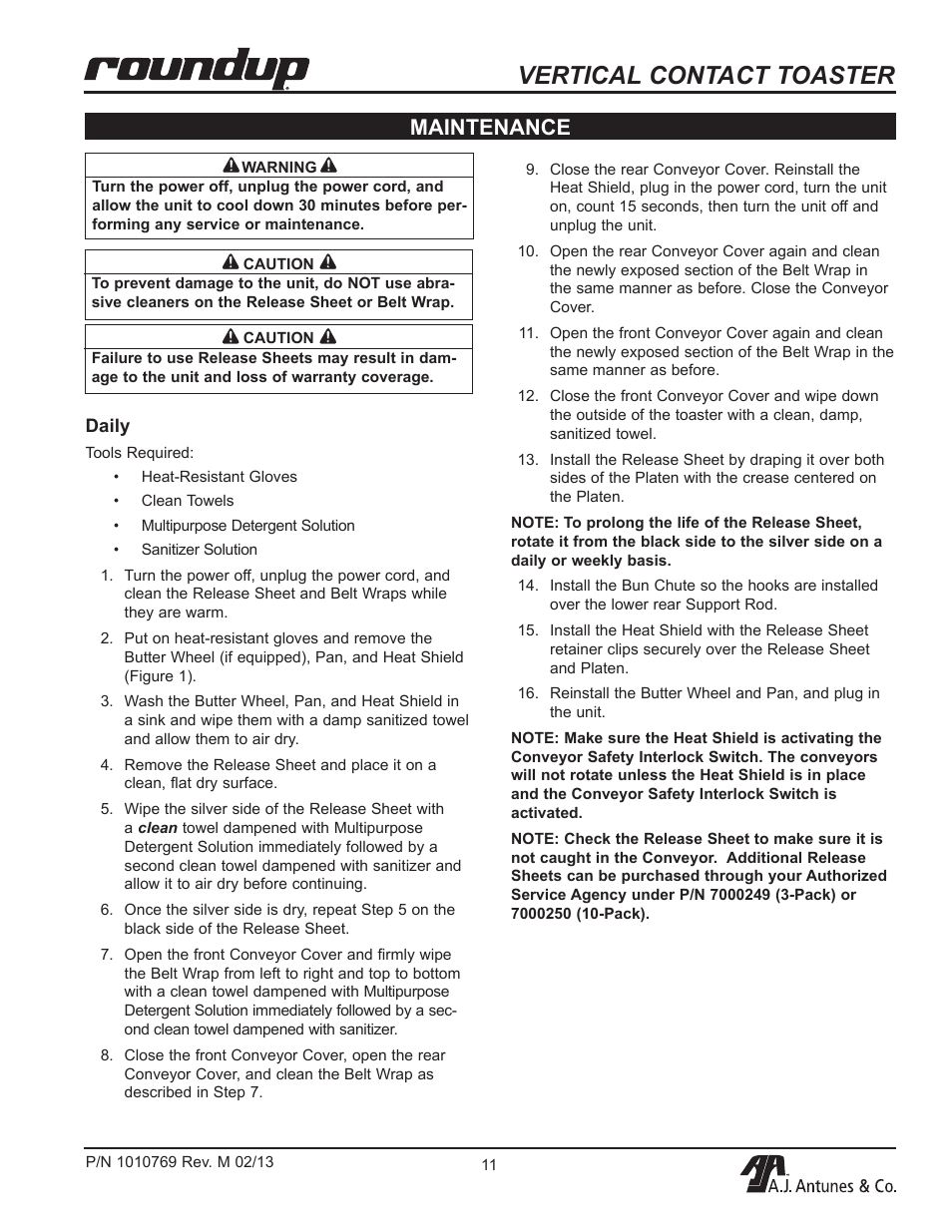 Vertical contact toaster, Maintenance | A.J. Antunes & Co VCT-2000 9210310 User Manual | Page 11 / 28