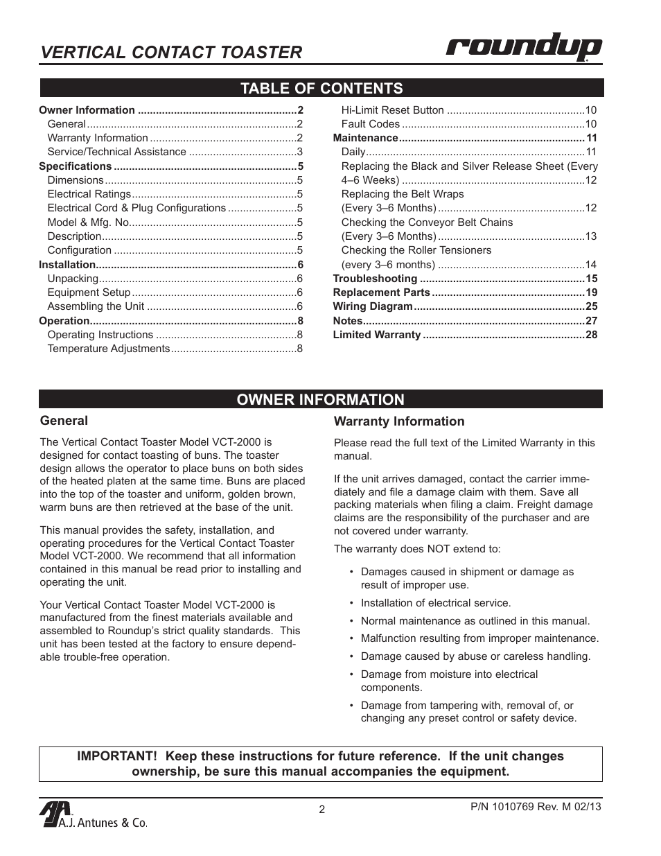 Vertical contact toaster, Owner information table of contents | A.J. Antunes & Co VCT-2000 9210310 User Manual | Page 2 / 28