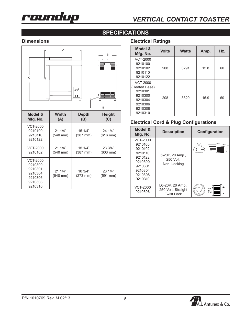 Vertical contact toaster, Specifications, Dimensions | A.J. Antunes & Co VCT-2000 9210310 User Manual | Page 5 / 28