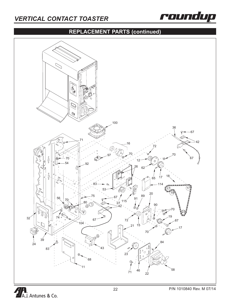 Vertical contact toaster, Replacement parts (continued) | A.J. Antunes & Co VCT-2000 9210410 User Manual | Page 22 / 28