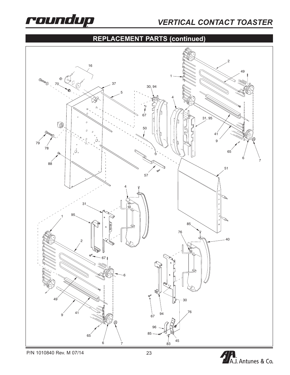 Vertical contact toaster, Replacement parts (continued) | A.J. Antunes & Co VCT-2000 9210410 User Manual | Page 23 / 28