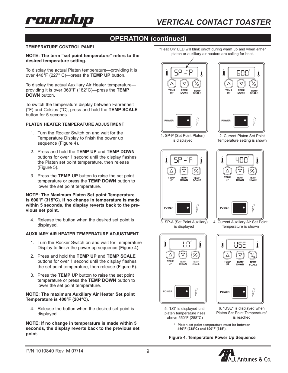 Vertical contact toaster, Sp - p 600, 400 sp - a | Lo use, Operation (continued) | A.J. Antunes & Co VCT-2000 9210410 User Manual | Page 9 / 28