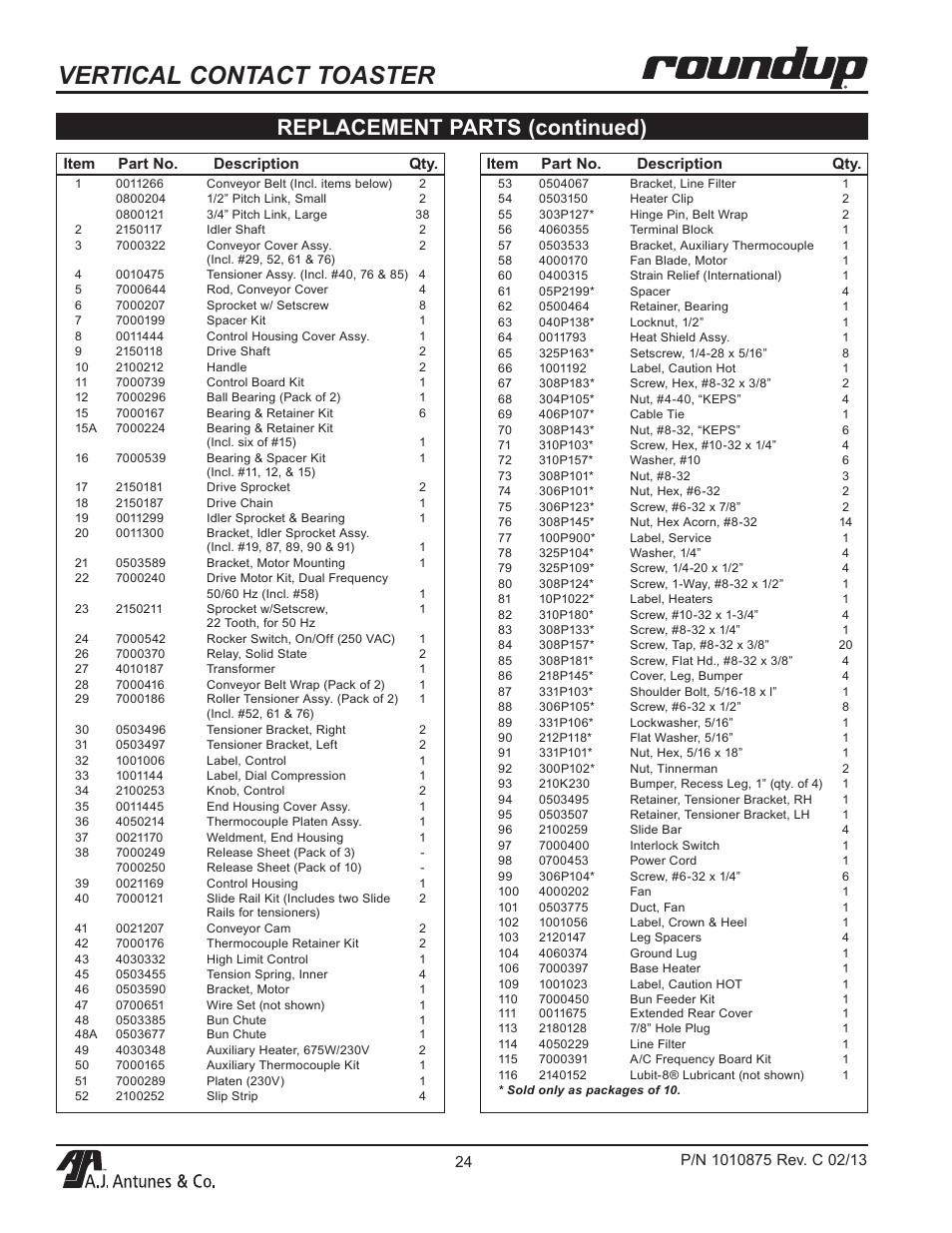 Vertical contact toaster, Replacement parts (continued) | A.J. Antunes & Co VCT-2000 9210212 User Manual | Page 24 / 28