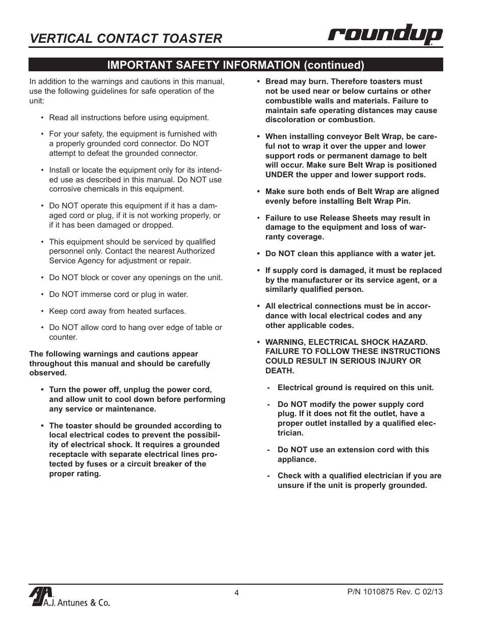 Vertical contact toaster, Important safety information (continued) | A.J. Antunes & Co VCT-2000 9210212 User Manual | Page 4 / 28