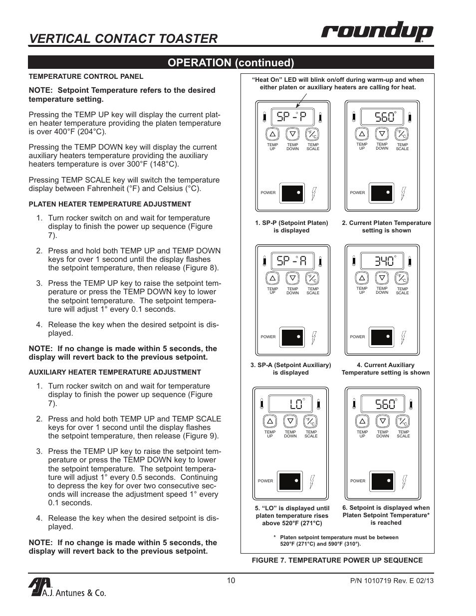 Vertical contact toaster, Sp - p 560, 340 sp - a | 560 sp - p, Operation (continued) | A.J. Antunes & Co VCT-20 9200552 User Manual | Page 10 / 36