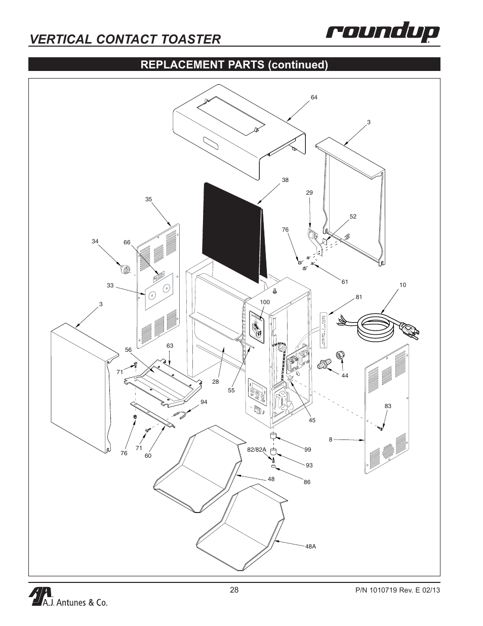 Vertical contact toaster, Replacement parts (continued), Pow er | Heel crow n rele ase shee t | A.J. Antunes & Co VCT-20 9200552 User Manual | Page 28 / 36