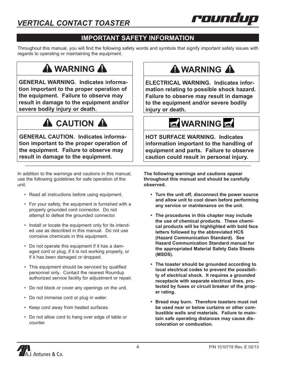 Warning, Caution, Vertical contact toaster | Important safety information | A.J. Antunes & Co VCT-20 9200552 User Manual | Page 4 / 36