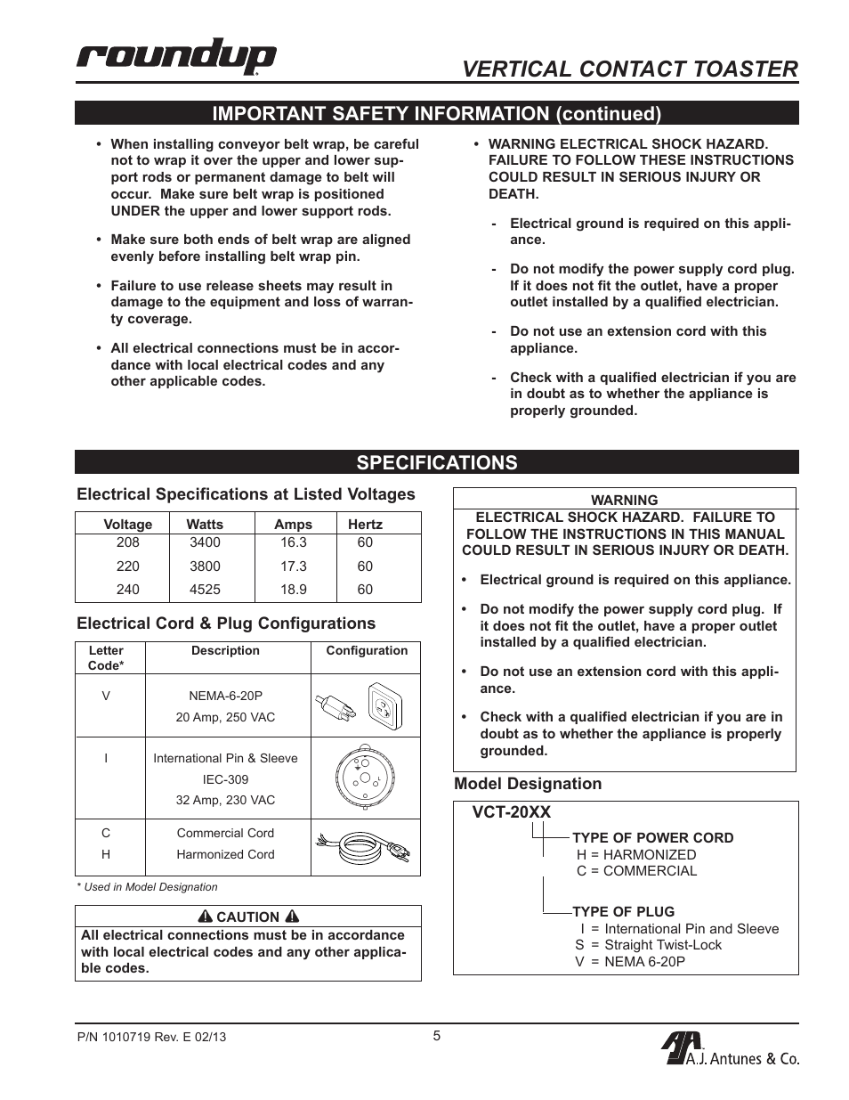 Vertical contact toaster, Specifications, Important safety information (continued) | A.J. Antunes & Co VCT-20 9200552 User Manual | Page 5 / 36