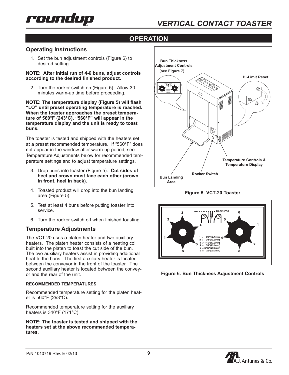 Vertical contact toaster, Operation, Operating instructions | Temperature adjustments | A.J. Antunes & Co VCT-20 9200552 User Manual | Page 9 / 36