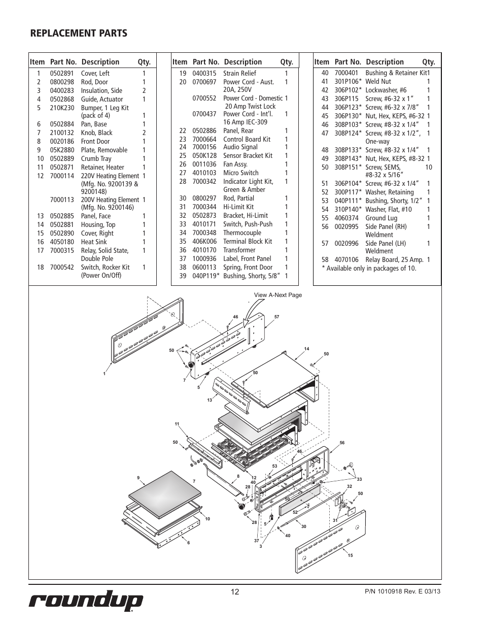 Replacement parts | A.J. Antunes & Co MT-12 9200148 User Manual | Page 12 / 16