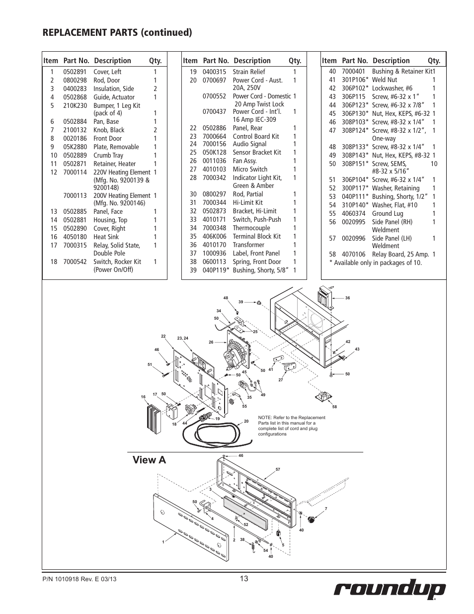 View a, Replacement parts (continued) | A.J. Antunes & Co MT-12 9200148 User Manual | Page 13 / 16