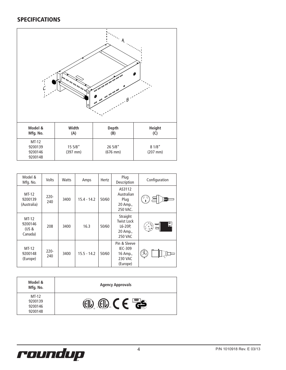 Specifications, Ac b | A.J. Antunes & Co MT-12 9200148 User Manual | Page 4 / 16