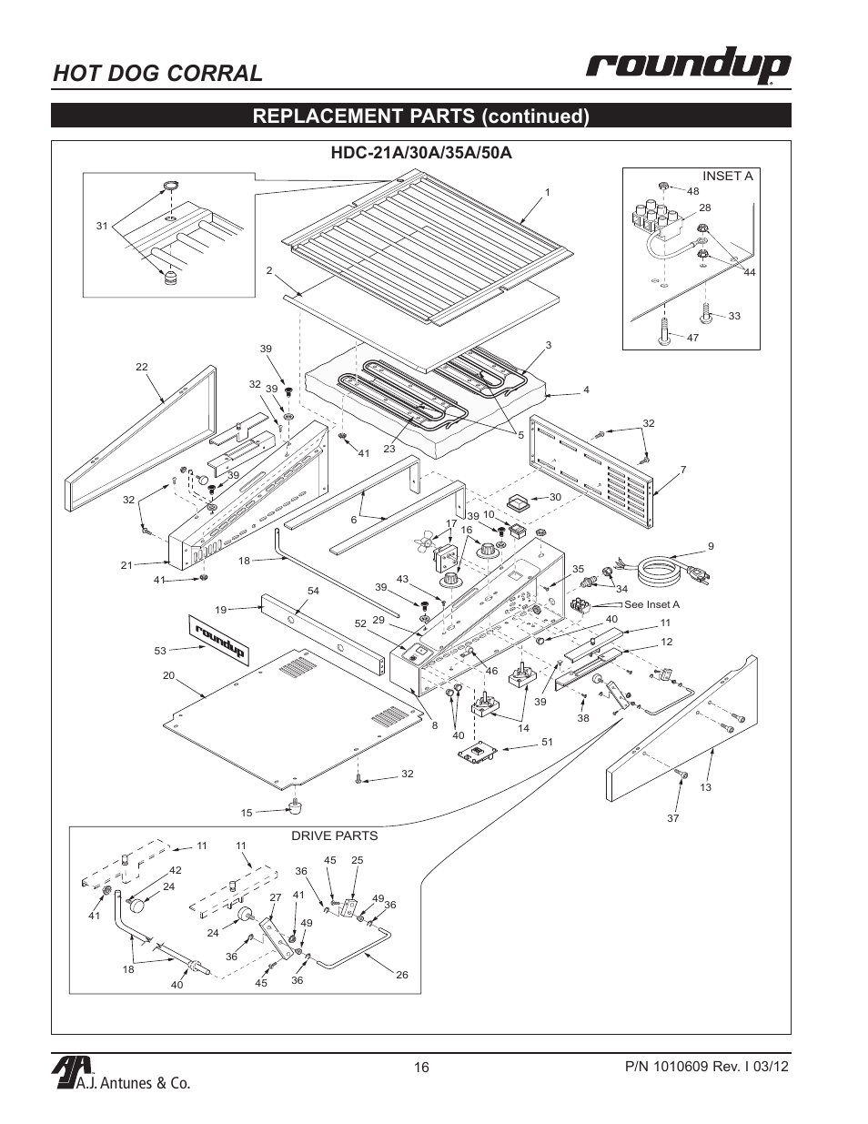 Hot dog corral, Replacement parts (continued), A.j. antunes & co | A.J. Antunes & Co HDC-50A 9300360 User Manual | Page 16 / 20