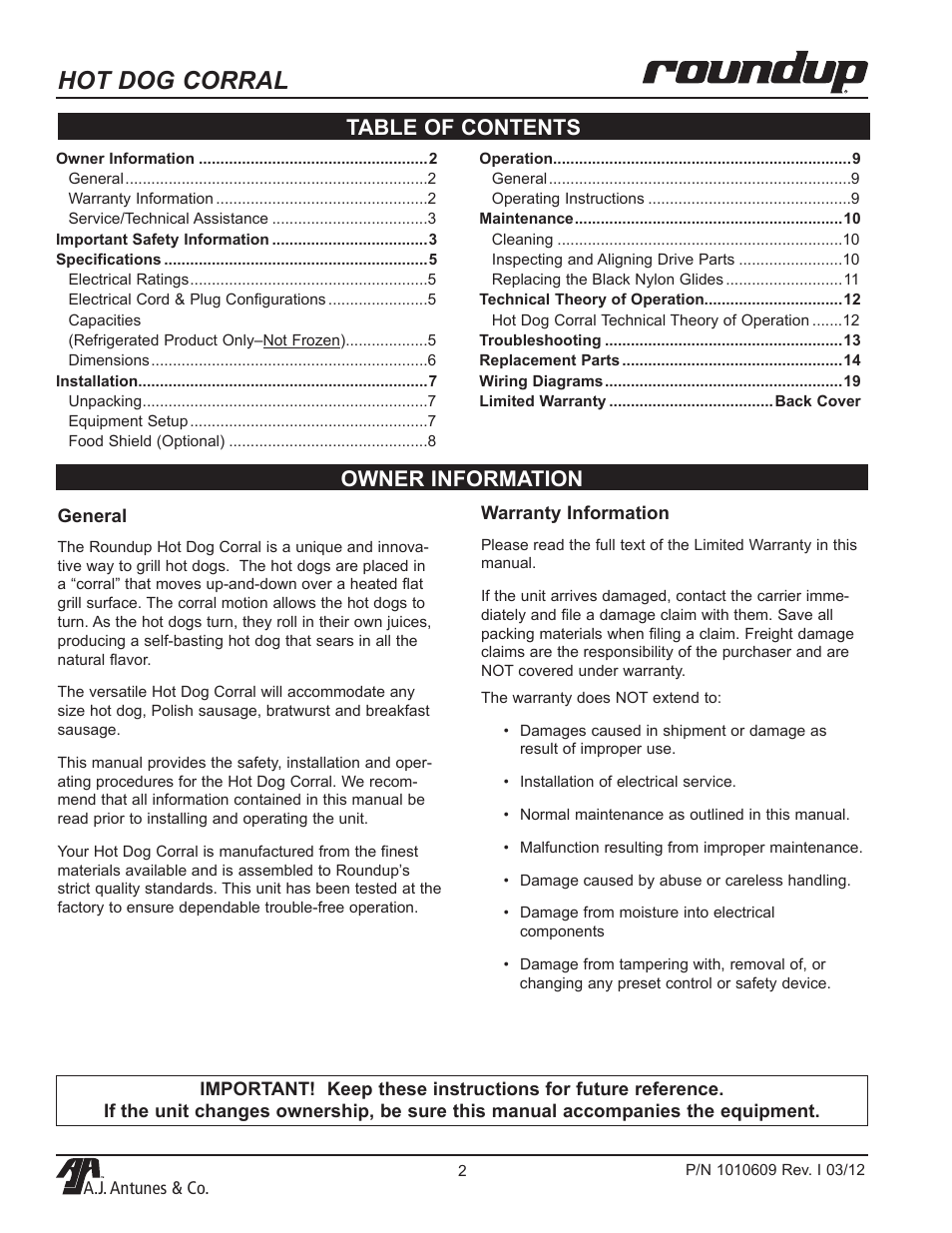 Hot dog corral, Owner information table of contents | A.J. Antunes & Co HDC-50A 9300360 User Manual | Page 2 / 20