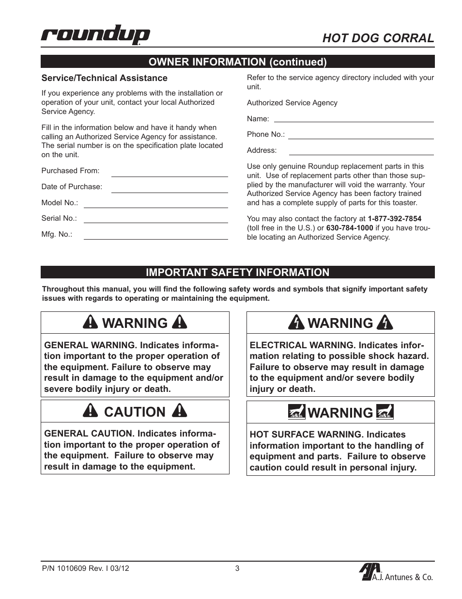 Warning, Caution, Hot dog corral | Important safety information, Owner information (continued) | A.J. Antunes & Co HDC-50A 9300360 User Manual | Page 3 / 20