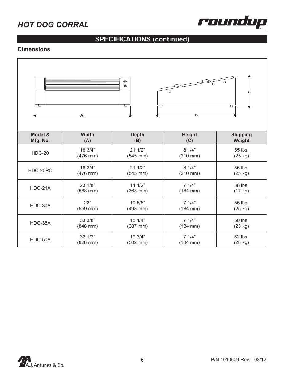 Hot dog corral, Specifications (continued) | A.J. Antunes & Co HDC-50A 9300360 User Manual | Page 6 / 20