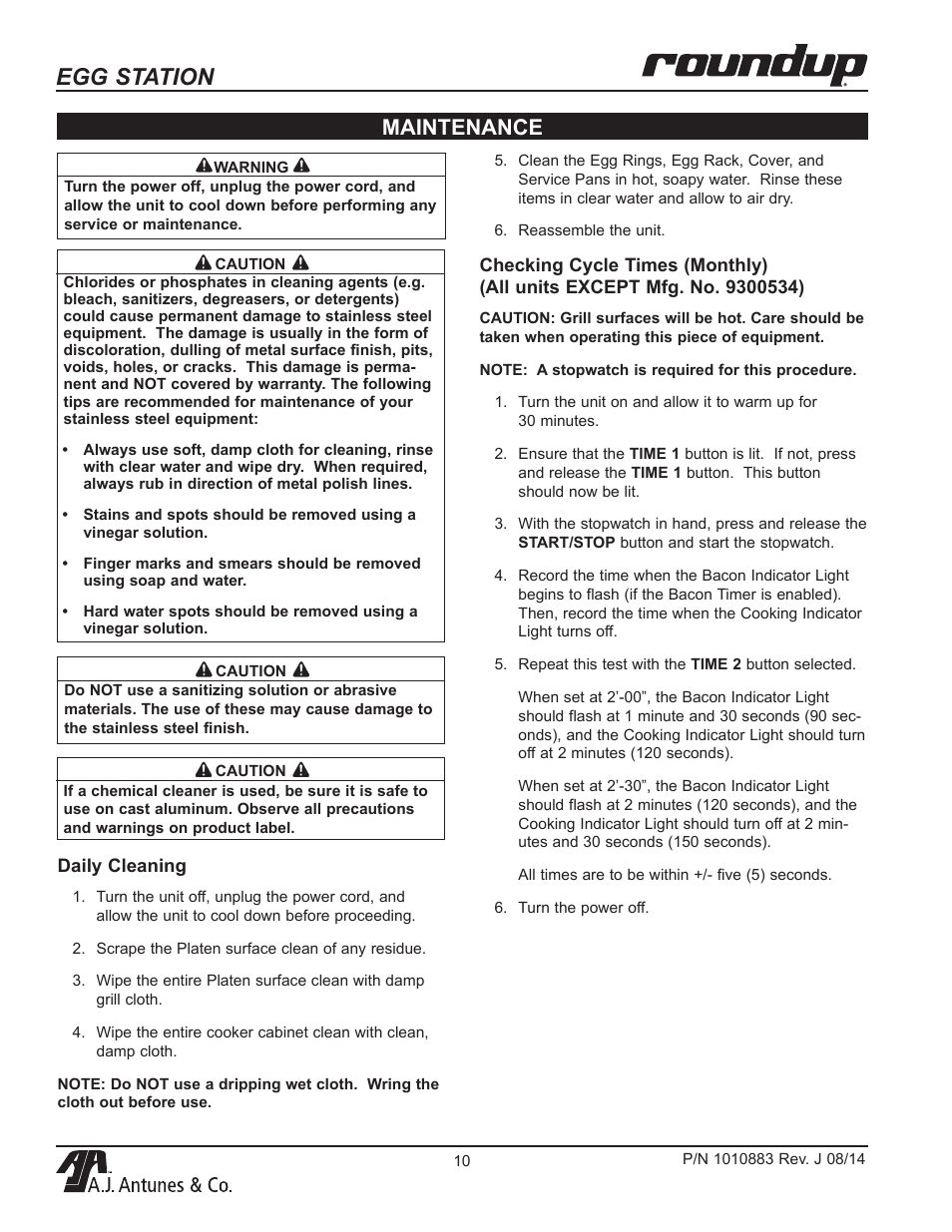 Egg station, Maintenance | A.J. Antunes & Co ES-1200 9300534 User Manual | Page 10 / 20