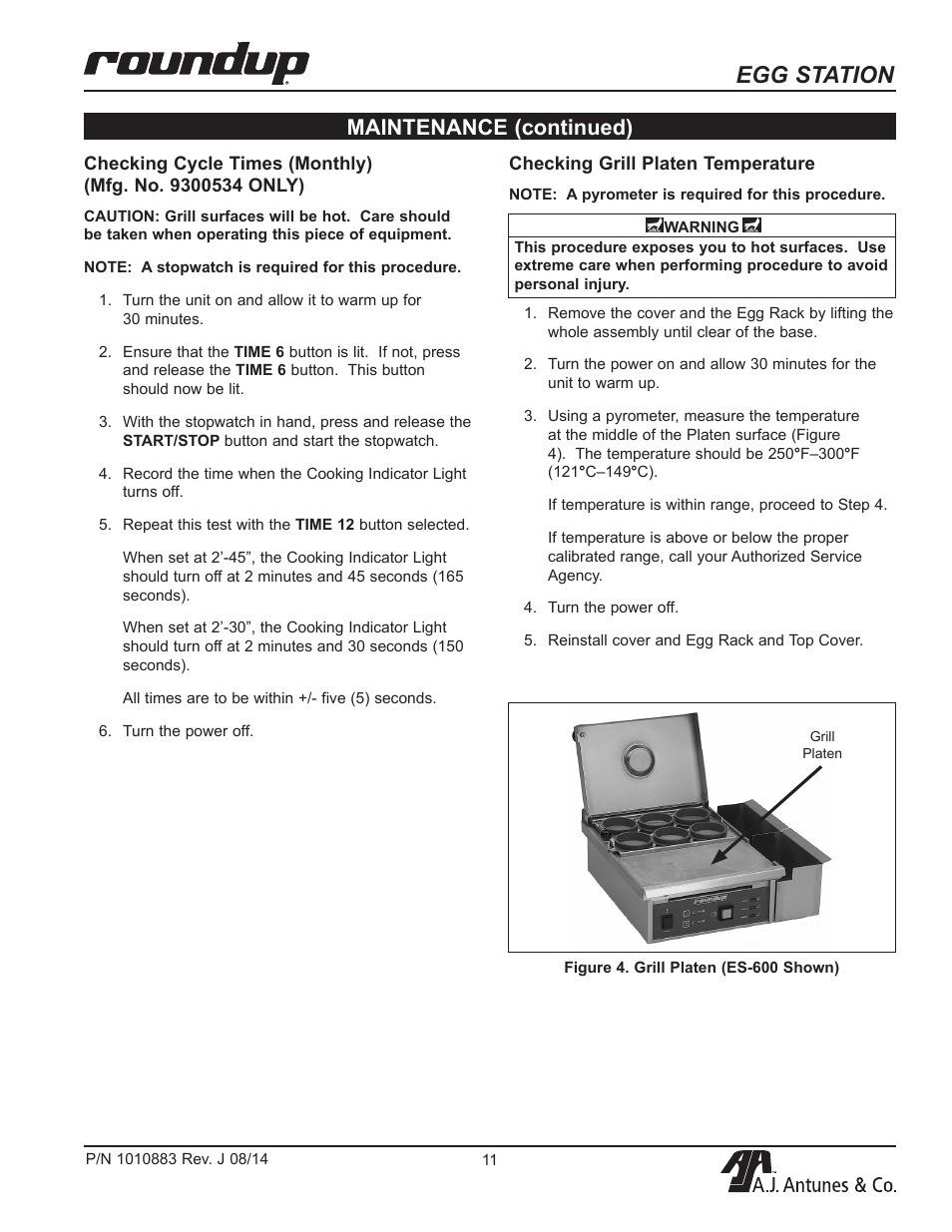 Egg station, Maintenance (continued) | A.J. Antunes & Co ES-1200 9300534 User Manual | Page 11 / 20