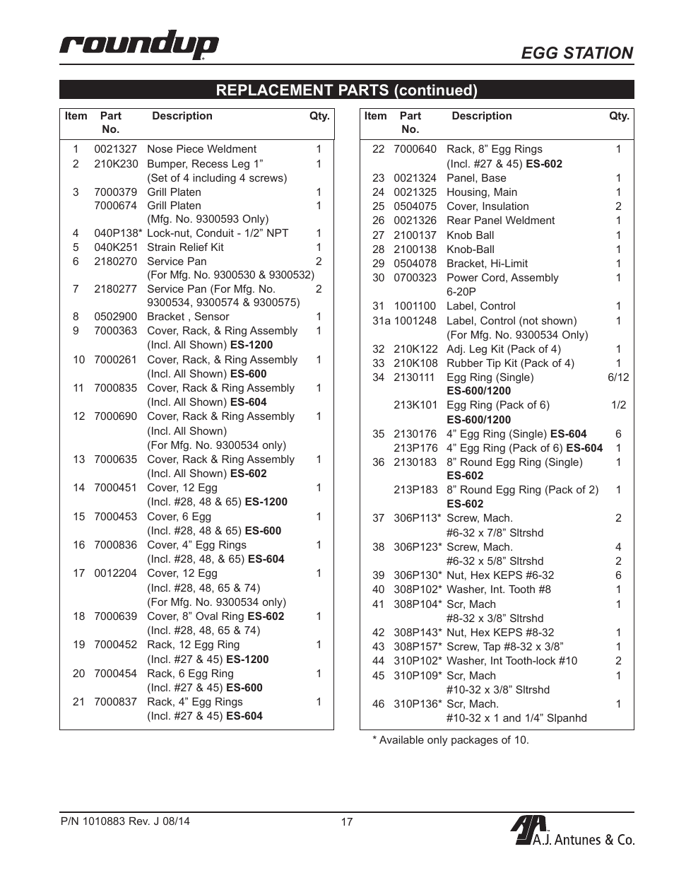 Egg station, Replacement parts (continued) | A.J. Antunes & Co ES-1200 9300534 User Manual | Page 17 / 20