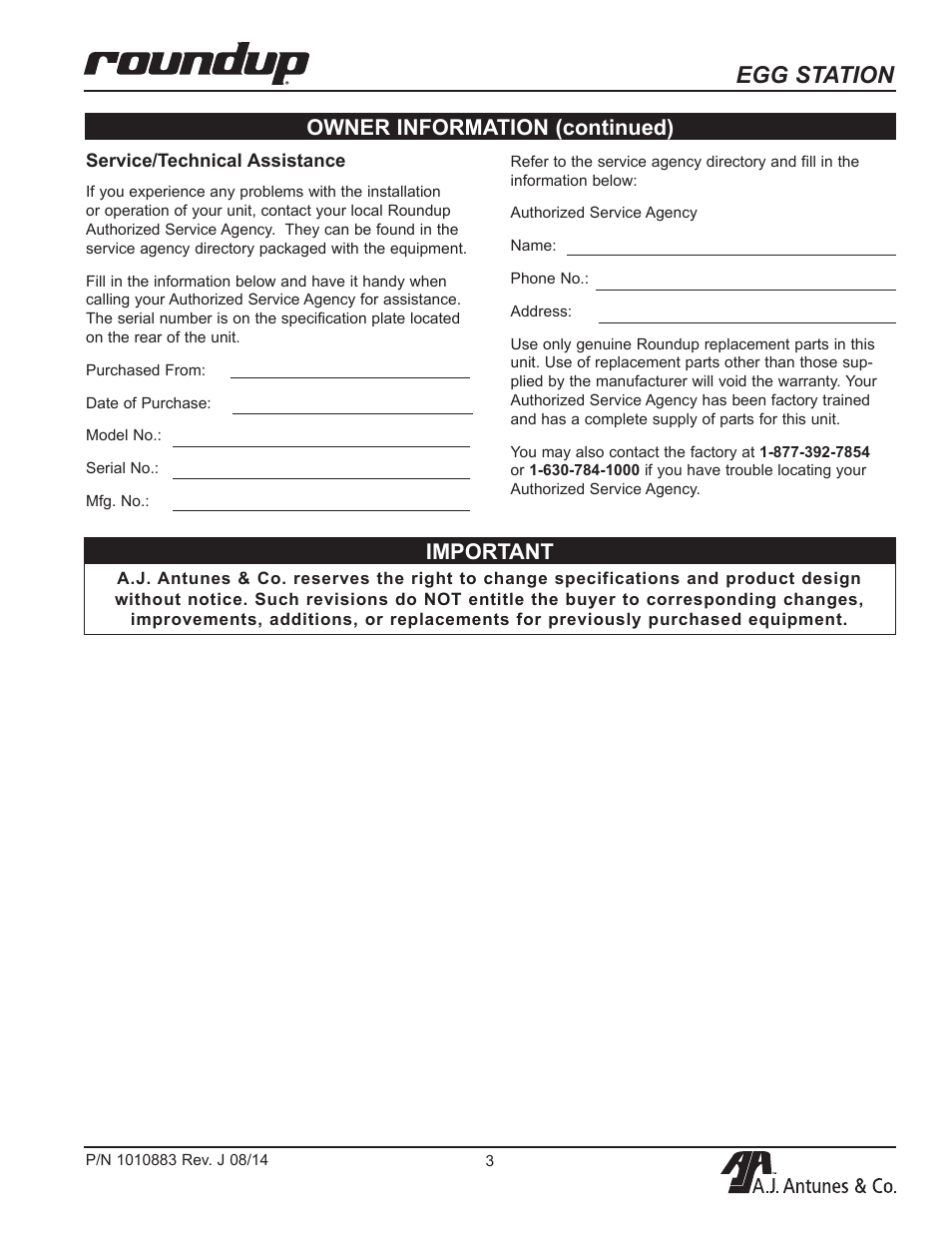 Egg station, Owner information (continued) important | A.J. Antunes & Co ES-1200 9300534 User Manual | Page 3 / 20