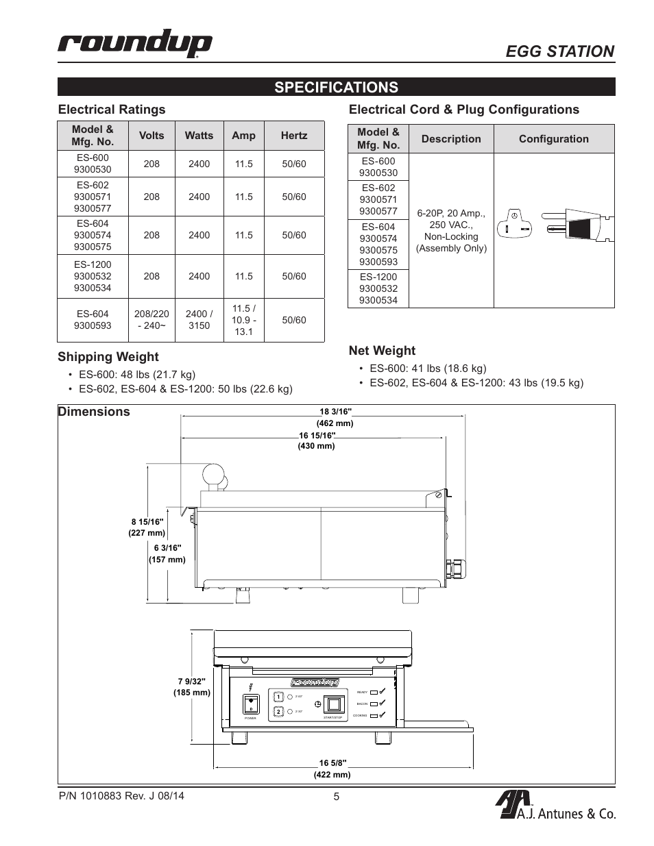 Egg station, Specifications, Net weight | Shipping weight, Dimensions | A.J. Antunes & Co ES-1200 9300534 User Manual | Page 5 / 20