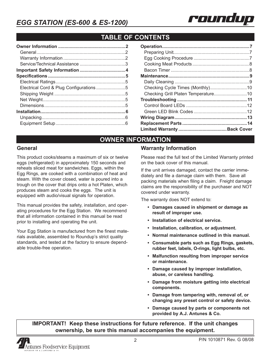 Owner information table of contents | A.J. Antunes & Co ES-1200 9300586 User Manual | Page 2 / 16