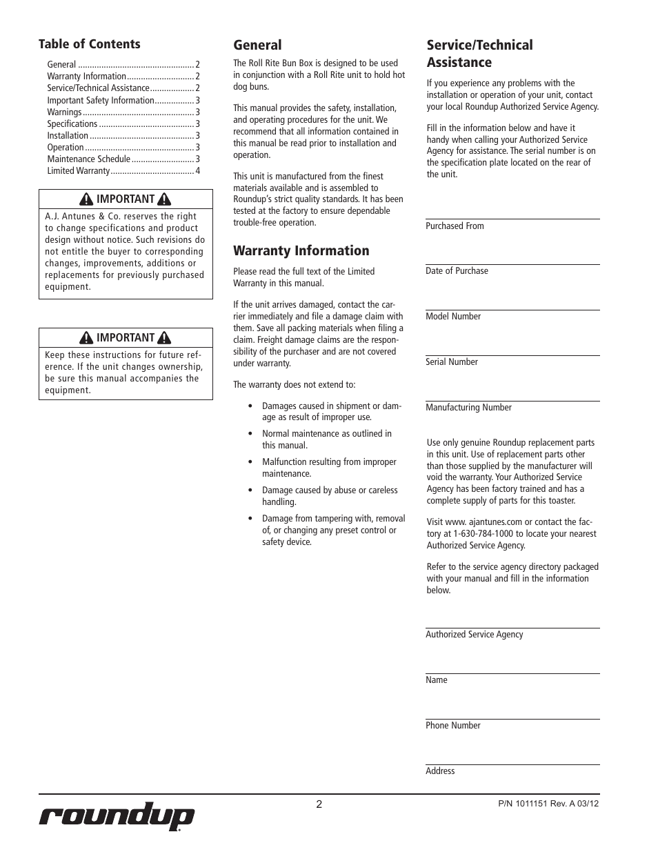 Service/technical assistance, General, Warranty information | A.J. Antunes & Co RRBB-75 9400183 User Manual | Page 2 / 4